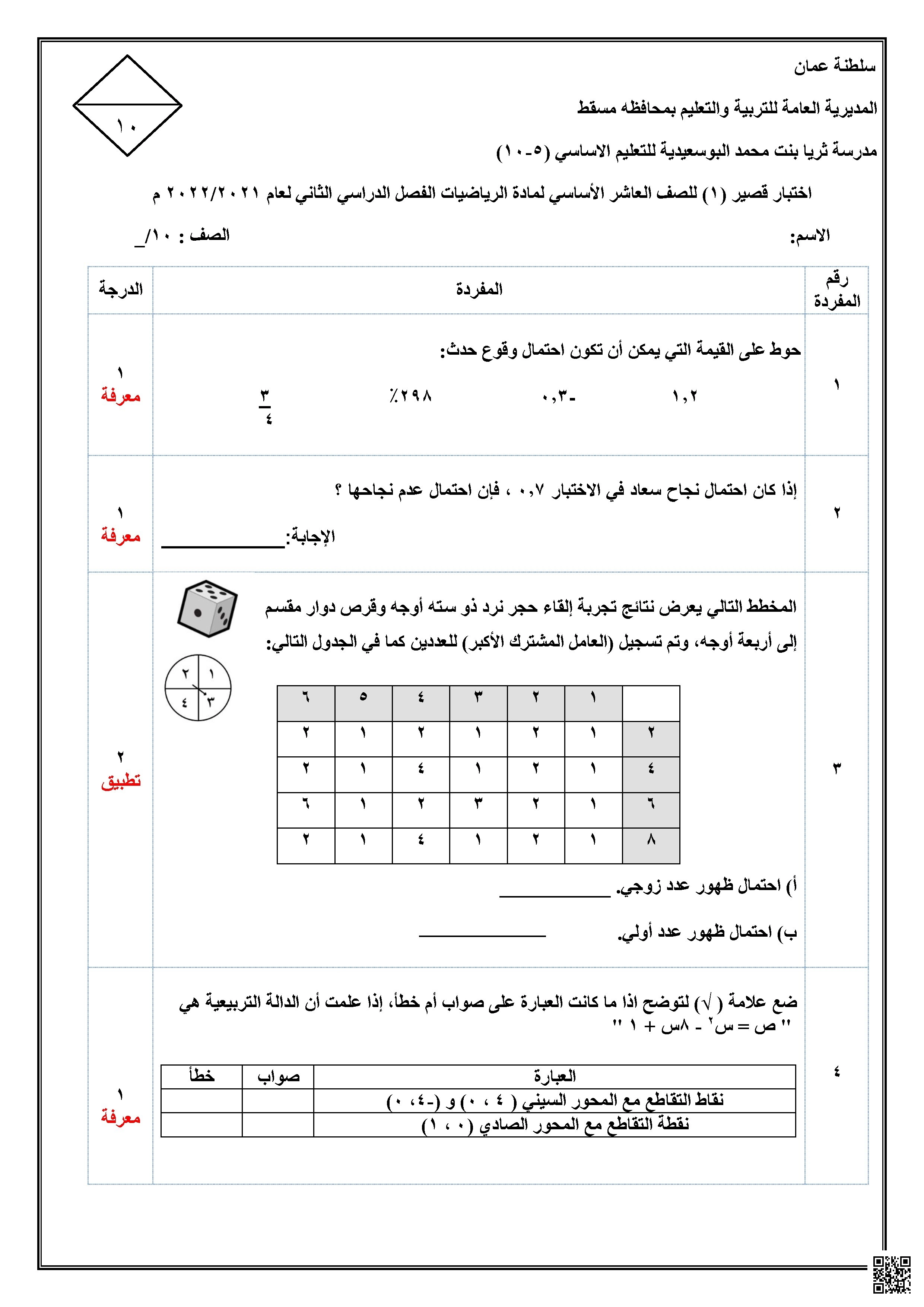 اختبار قصير (1) رياضيات - رياضيات - الصف العاشر الفصل الثاني اختبار قصير (1) رياضيات - رياضيات - الصف الصف العاشر - الفصل الفصل الثاني