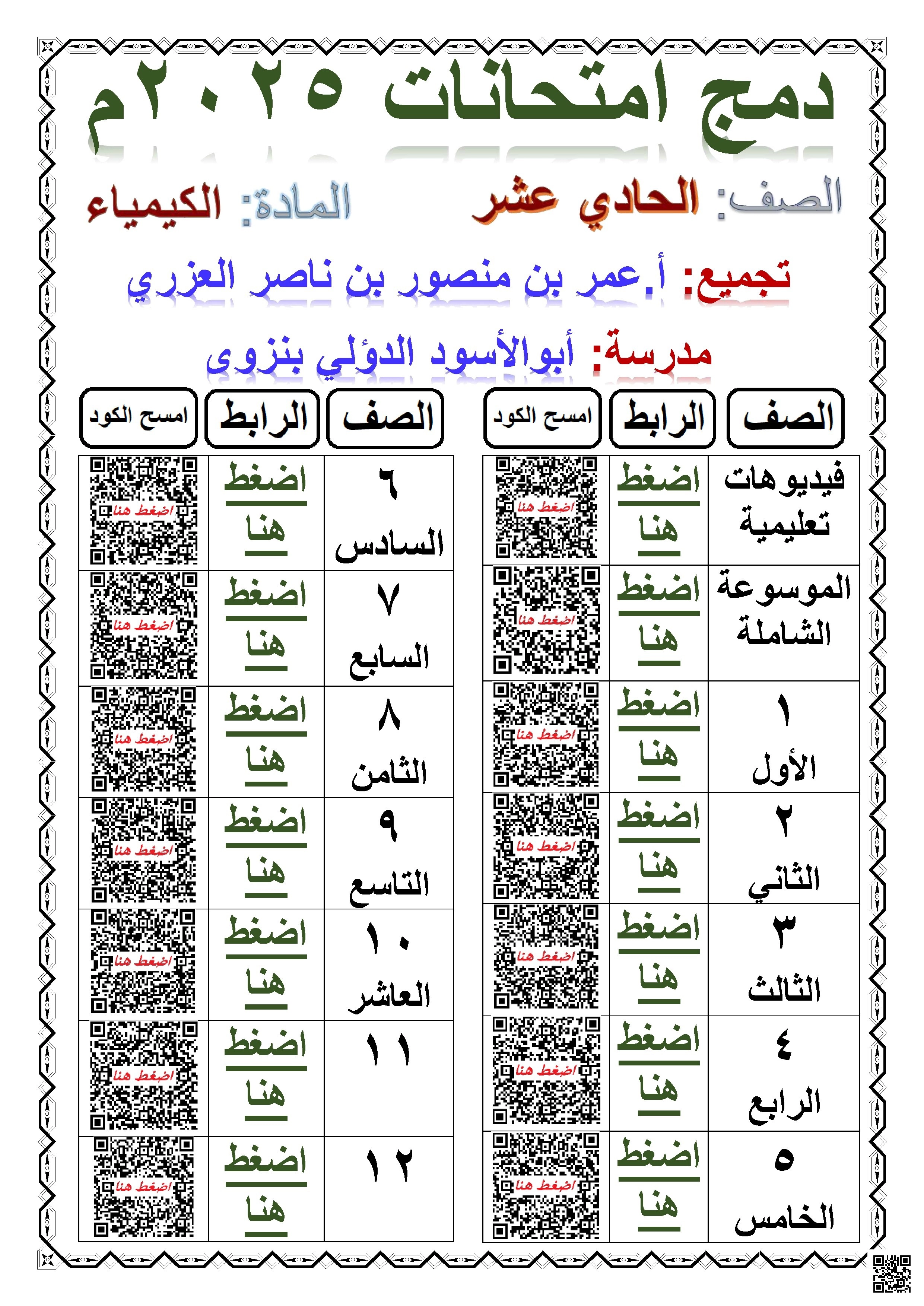 دمج امتحانات 2025م - كيمياء - الصف الصف الحادي عشر - الفصل الفصل الأول