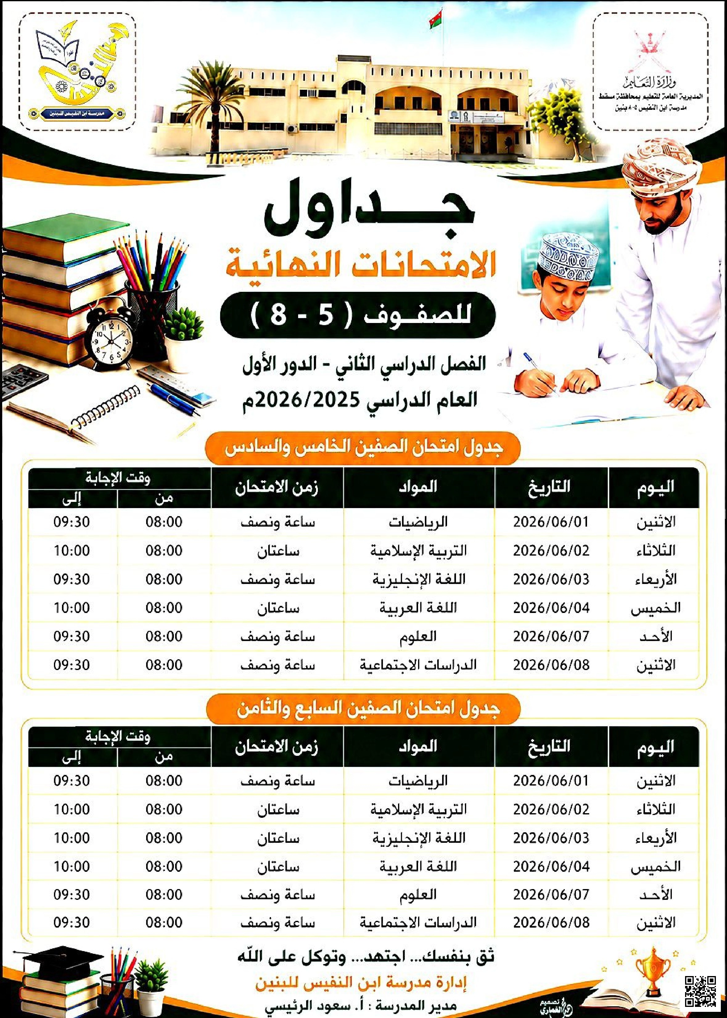 جداول الامتحانات النهائية للصفوف من الخامس إلى الثامن 2025-2026 - الامتحانات - الصف الصف الصفوف الخامس والسادس وال - الفصل الفصل الثاني